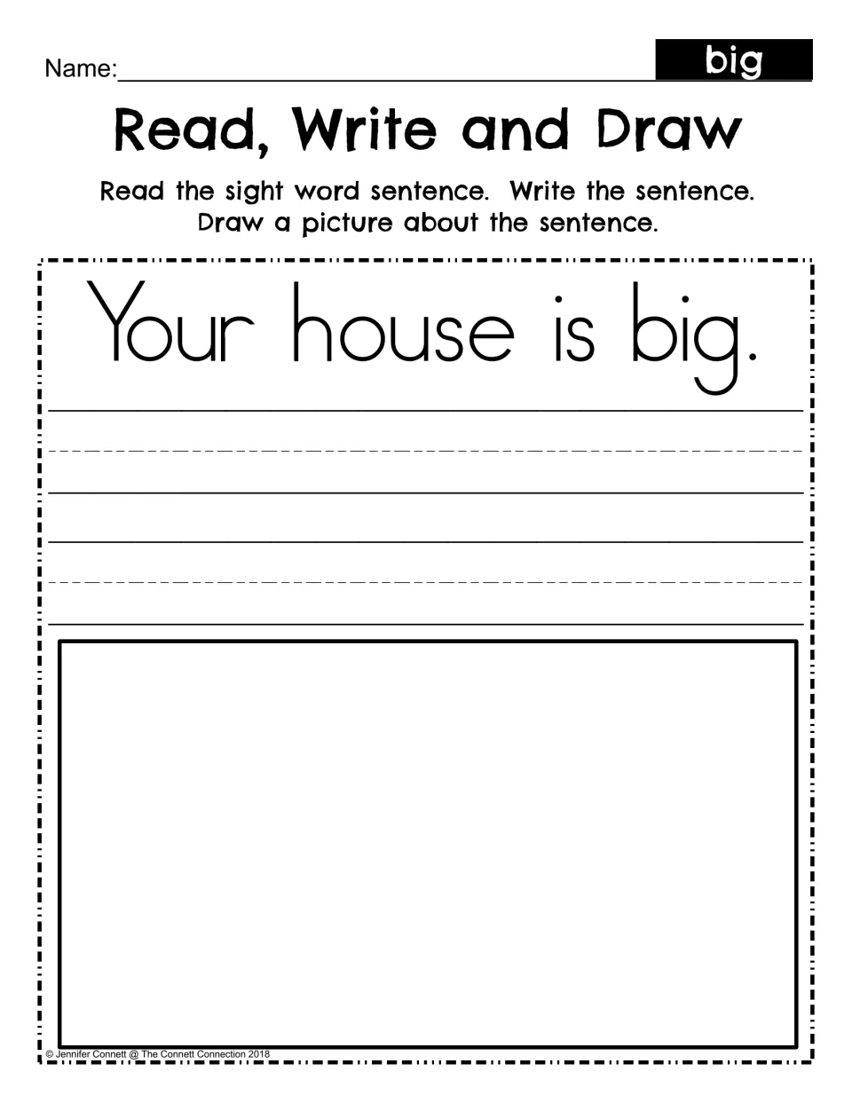 Read, Write and Draw: students read 'Your house is big.', copy the sentence on handwriting lines and draw a picture of it