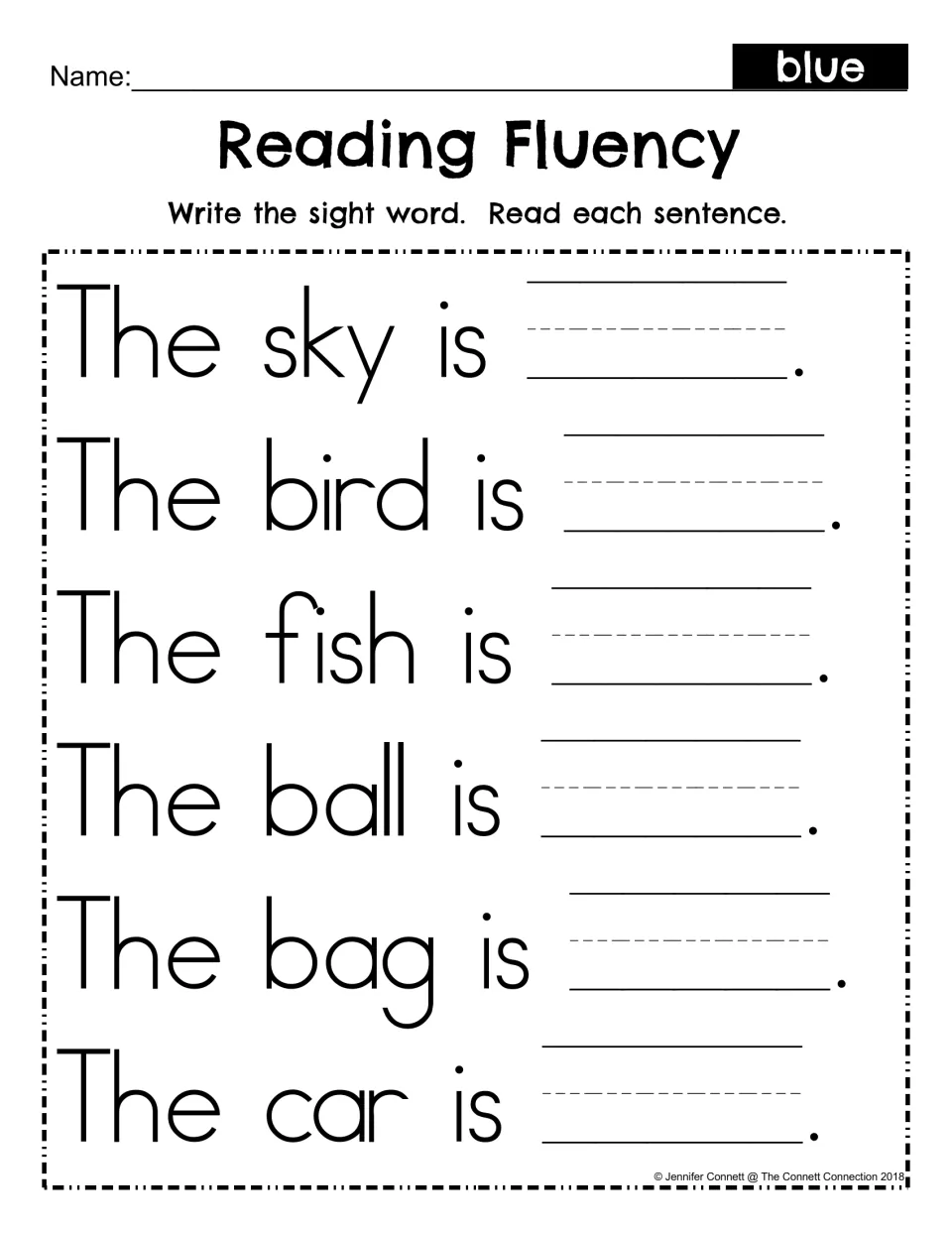 Sight word blue fill-in: students write blue in six sentences such as The fish is blue, then read each sentence