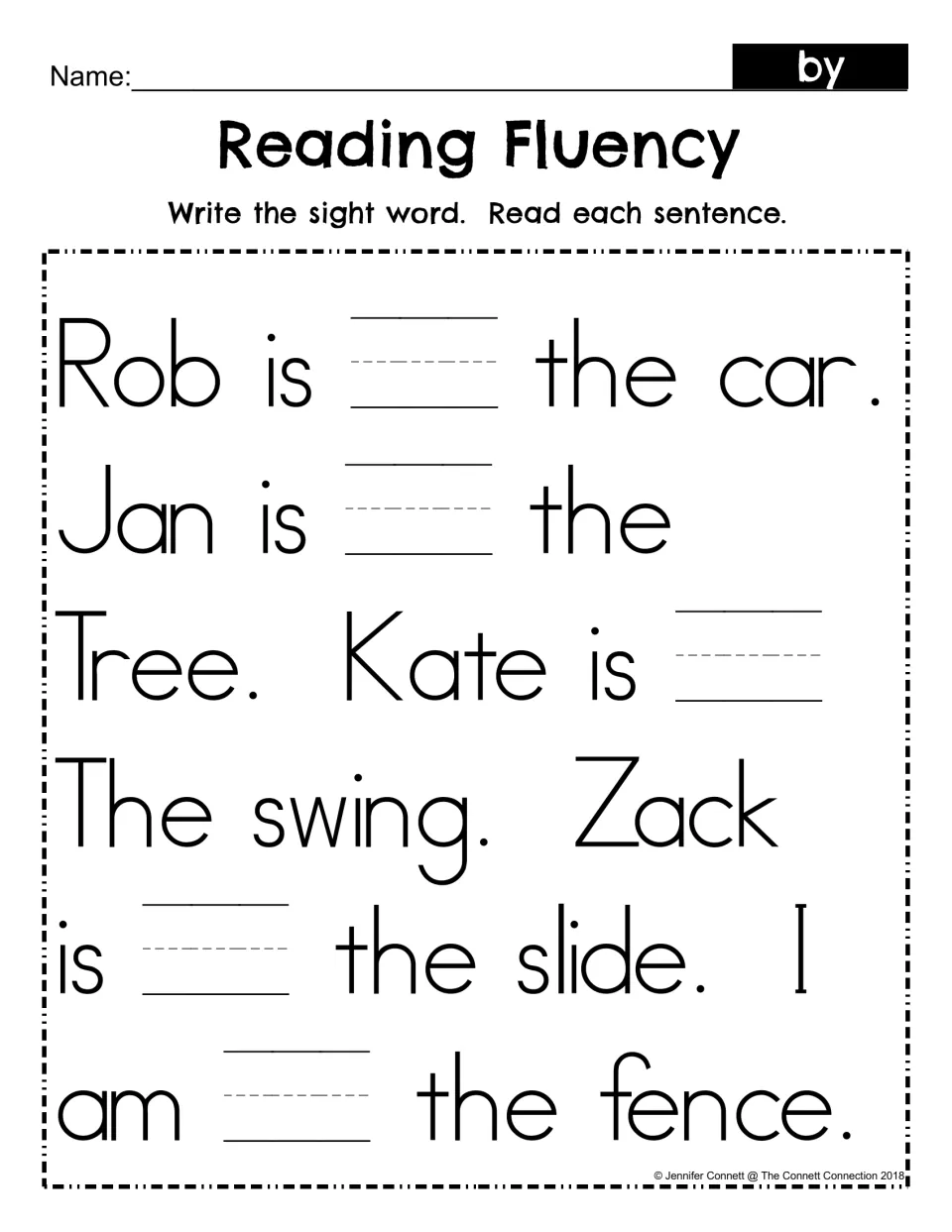 Reading Fluency fill-in: students write the sight word by in six blanks, then read sentences such as Jan is by the tree