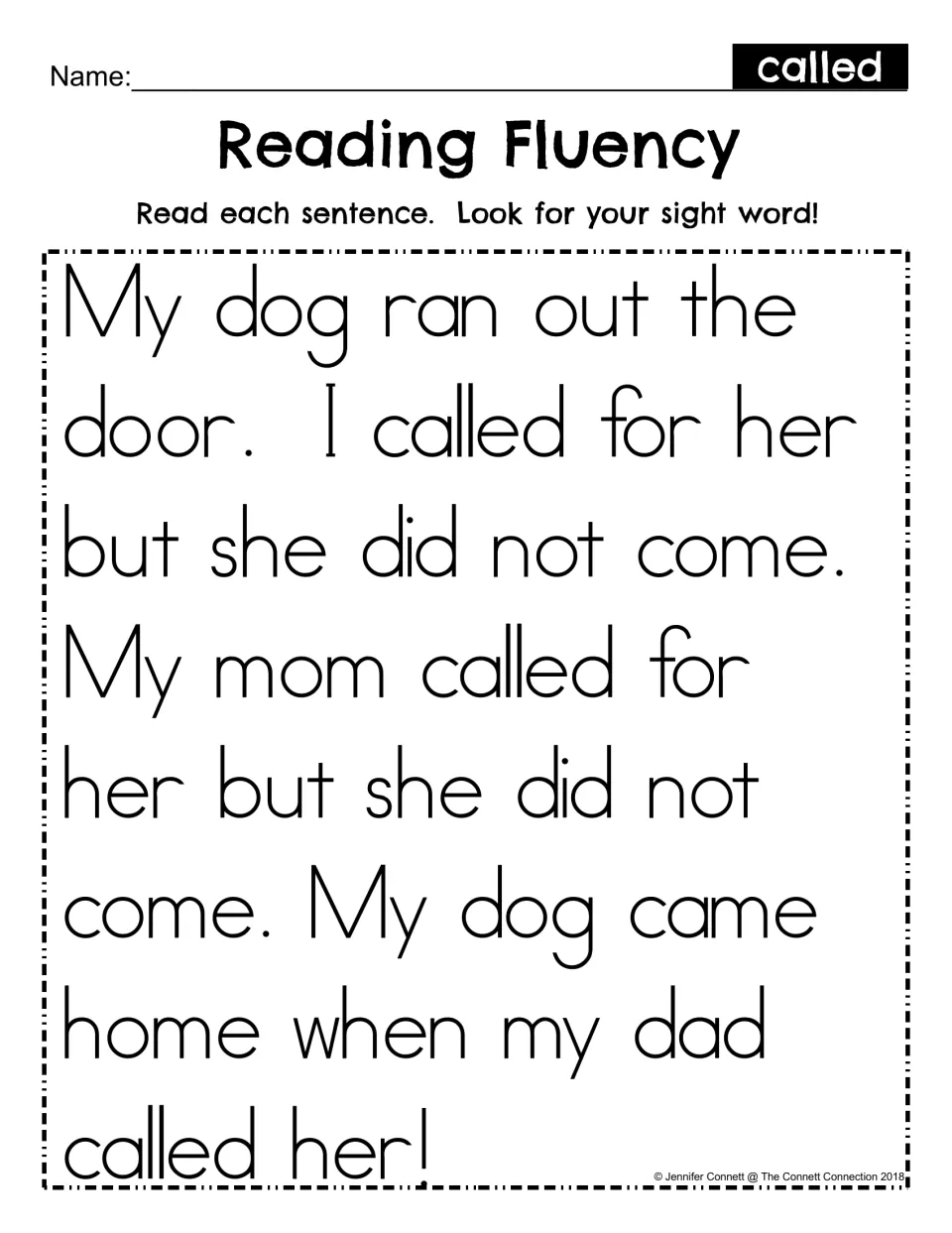 Reading fluency passage for sight word called: students read a short dog story with mom and dad, spotting the word called