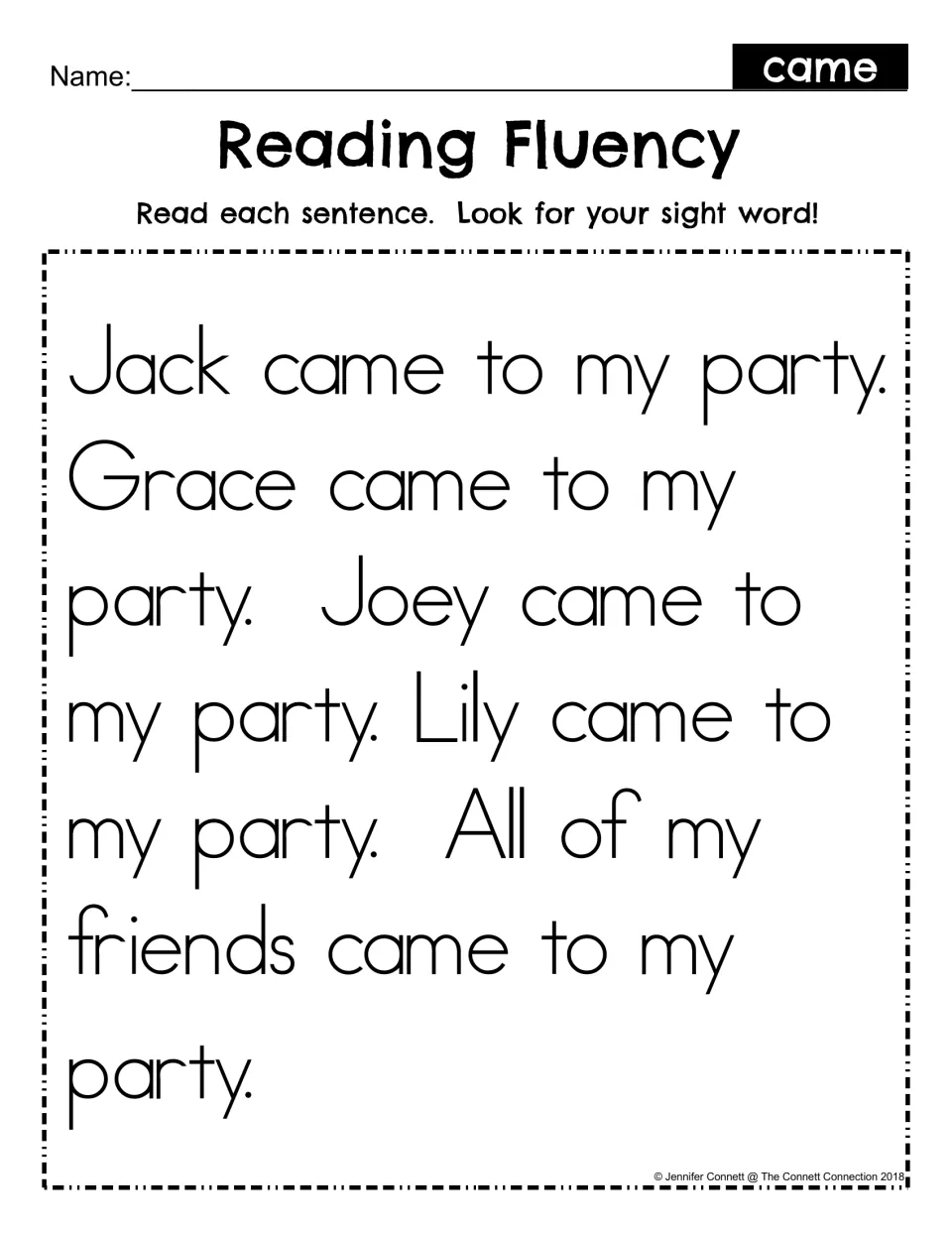 Reading Fluency for came: students read five sentences about friends who came to my party, finding the sight word