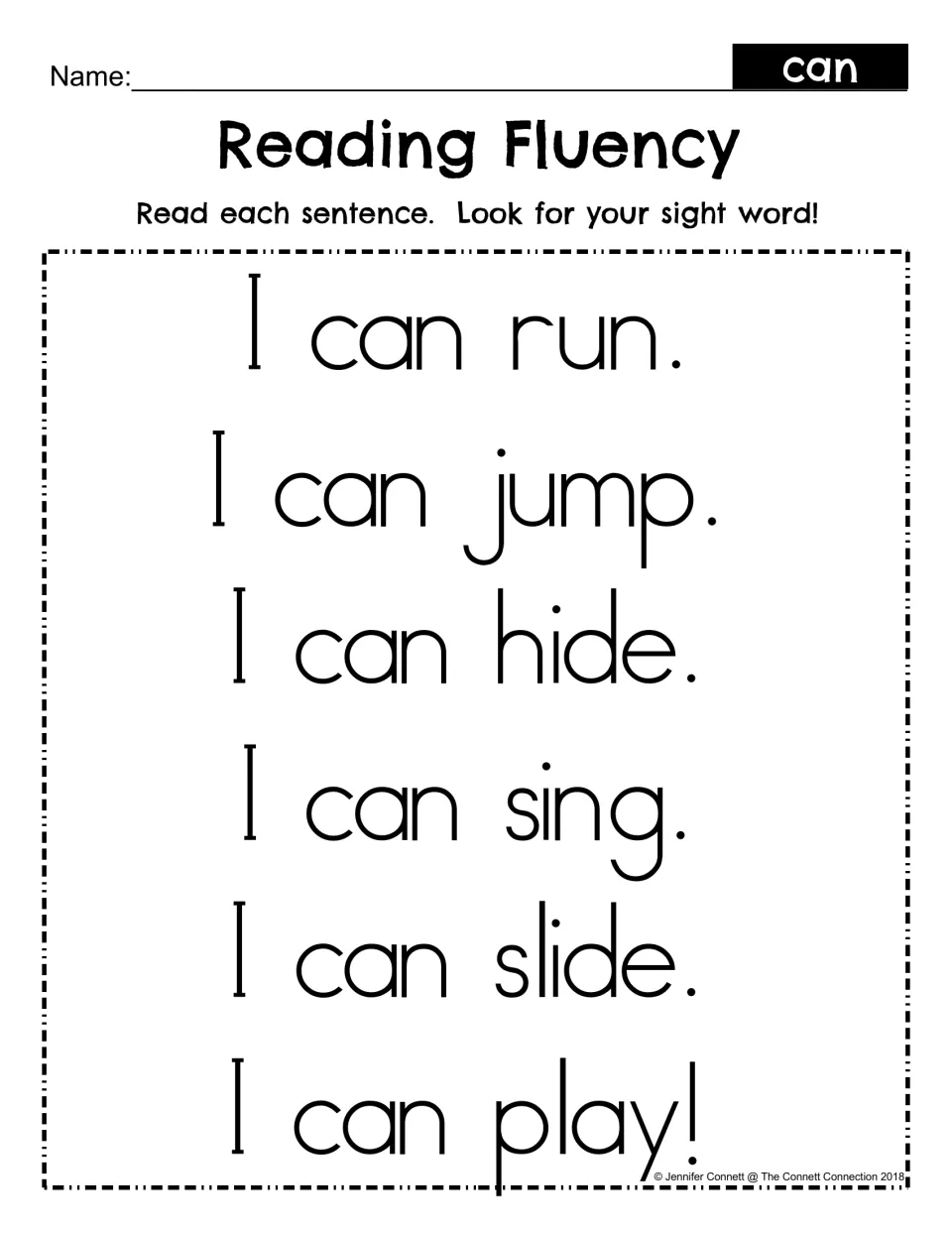 Reading Fluency for sight word can: students read six sentences such as I can run, I can jump and I can play