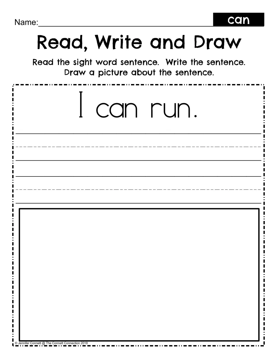 Read, Write and Draw: students read the sentence I can run, copy it neatly and draw a picture that matches it