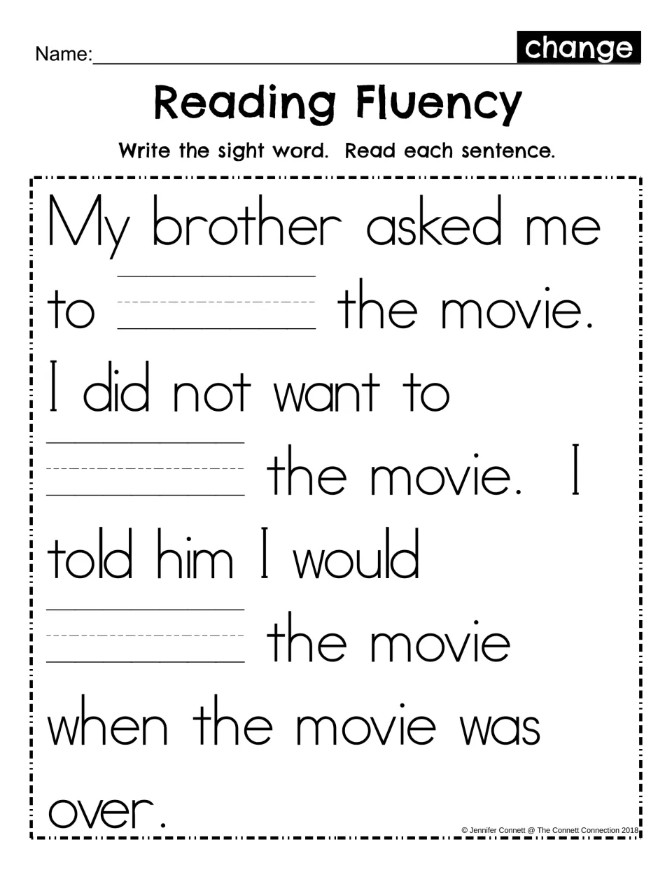 Sight word change fluency practice: students write the word in three blanks of the movie passage, then read it aloud