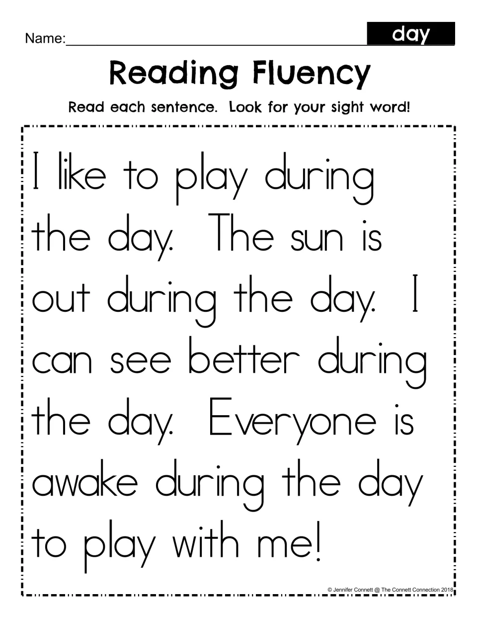 Reading Fluency for sight word day: students read a short passage about playing in the day and find the word each time