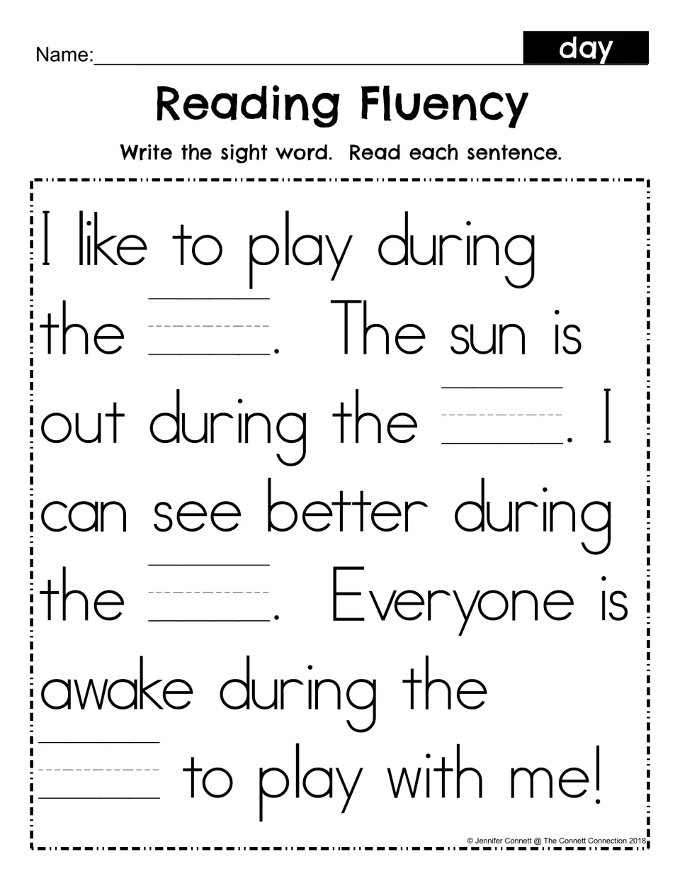Reading Fluency, sight word day: students write day in each of five blanks in a short passage, then read the sentences