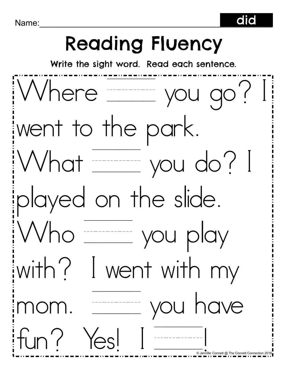 Sight word did fill-in: students write did in the 5 blanks of the park story, then read each sentence aloud