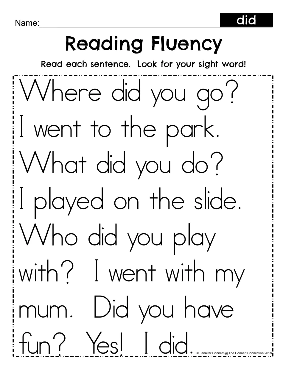 UK spelling fluency passage for did: students read the park story, which says 'went with my mum', and spot the sight word