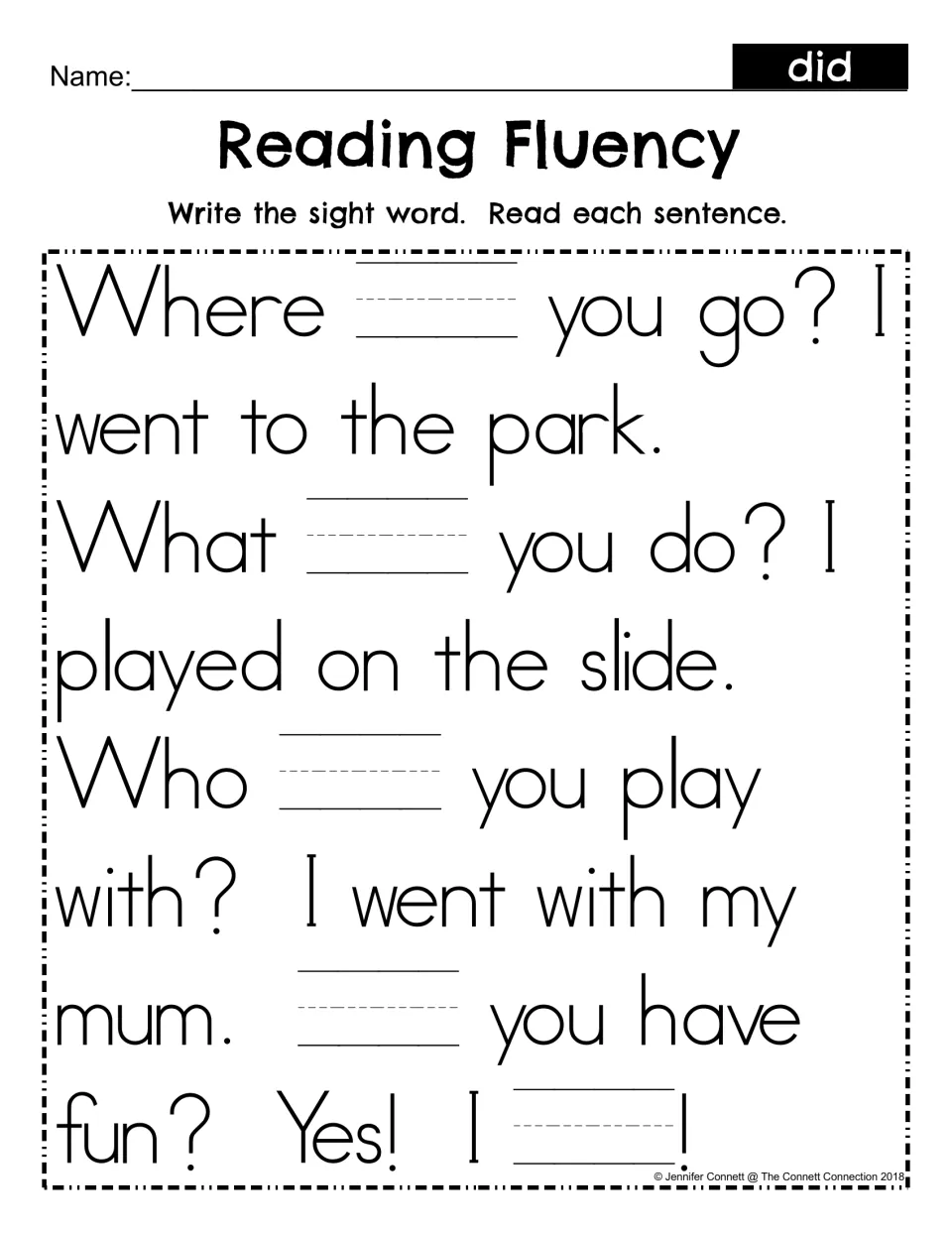 Fill-in story with mum spelling: students write the sight word did in each blank, then read the park sentences aloud