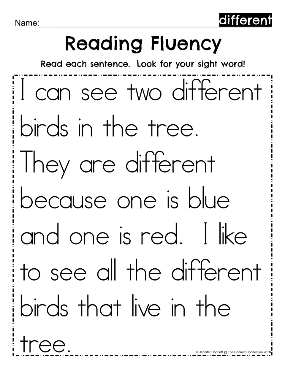 Reading Fluency: students read a short passage about two different birds, one blue and one red, finding the sight word