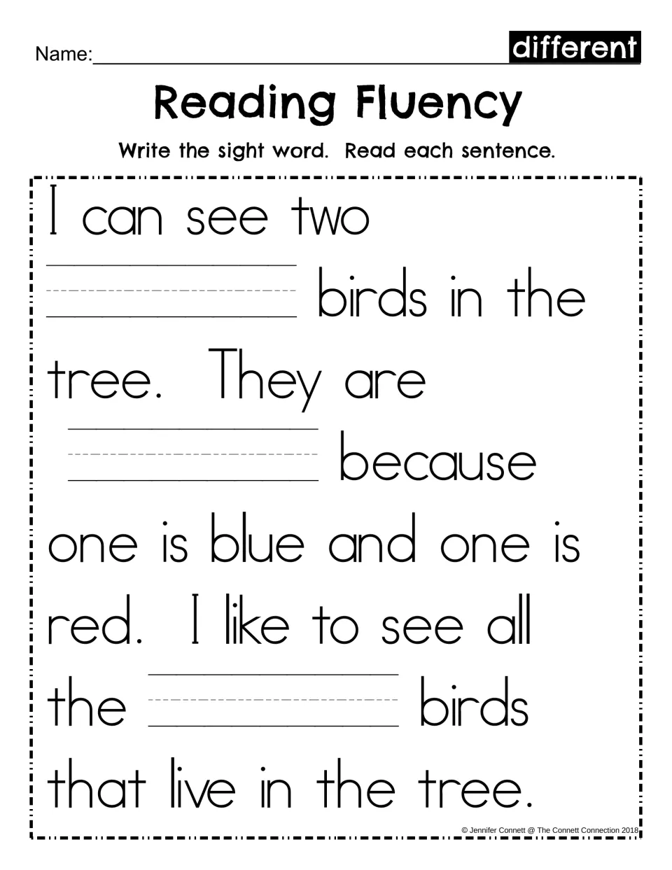 Reading Fluency fill-in: students write the sight word different in three blanks of the bird passage, then read it aloud