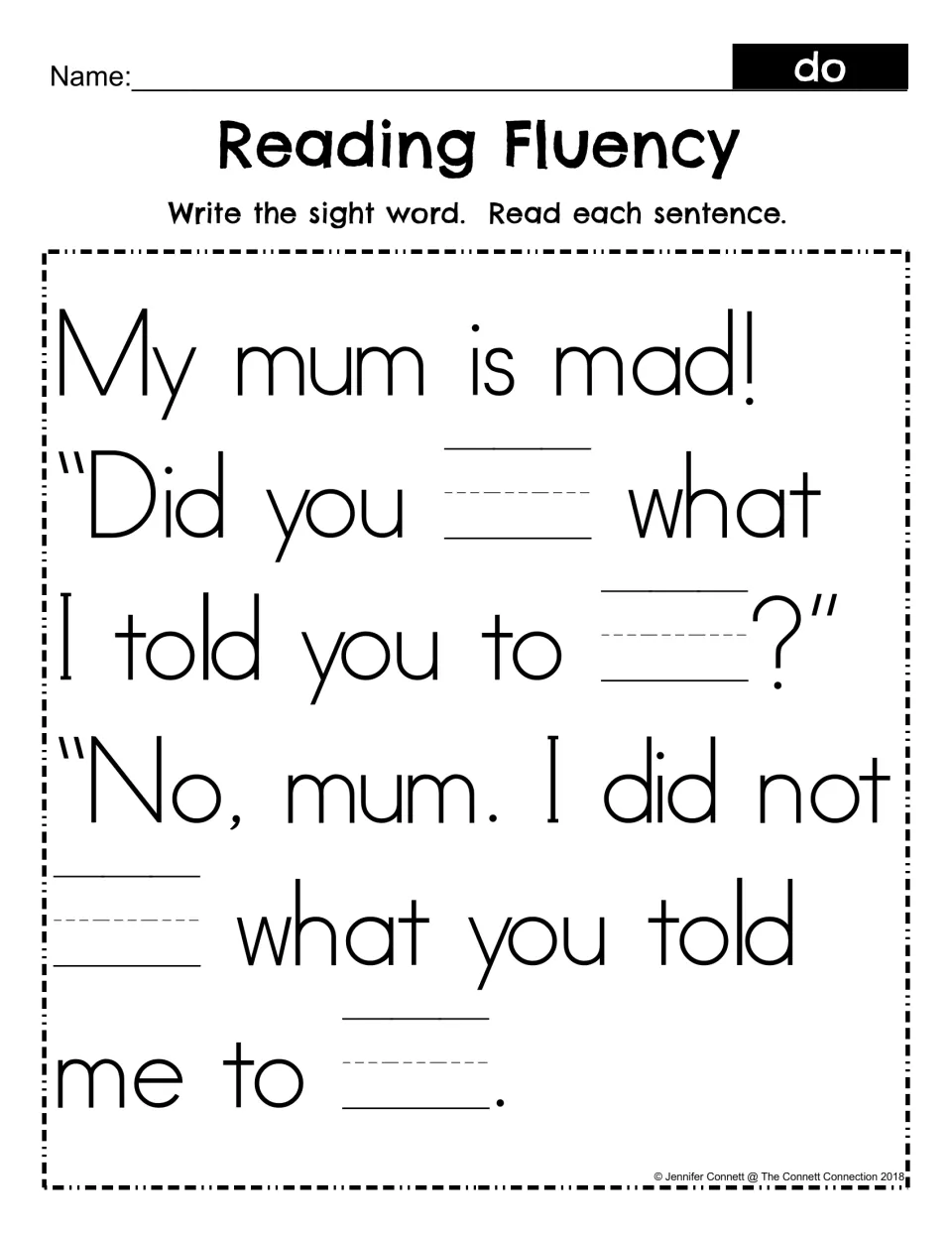 Reading Fluency, mum version: students fill five blanks with the sight word do, then read the dialogue sentences aloud