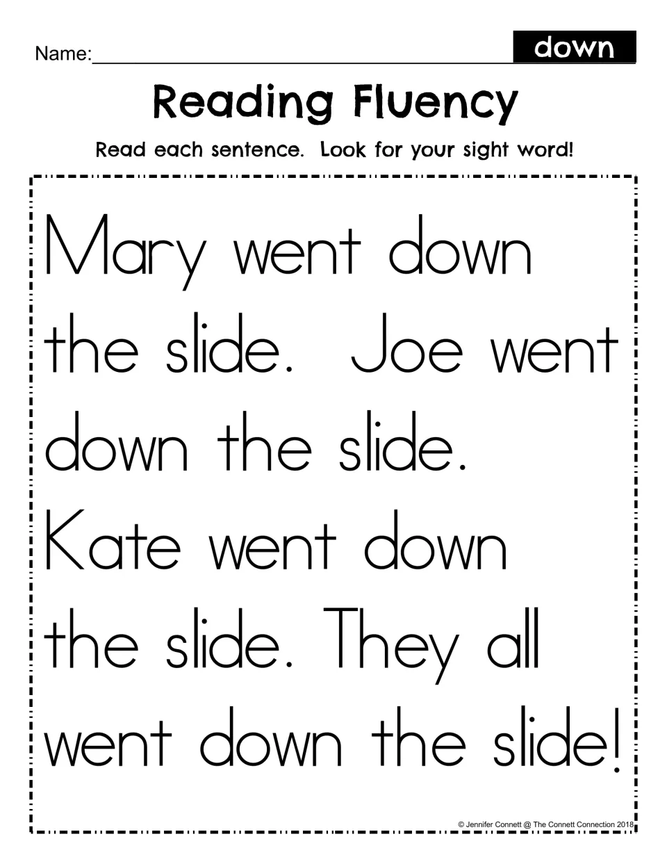 Reading fluency with sight word down: students read a short passage about Mary, Joe and Kate going down the slide