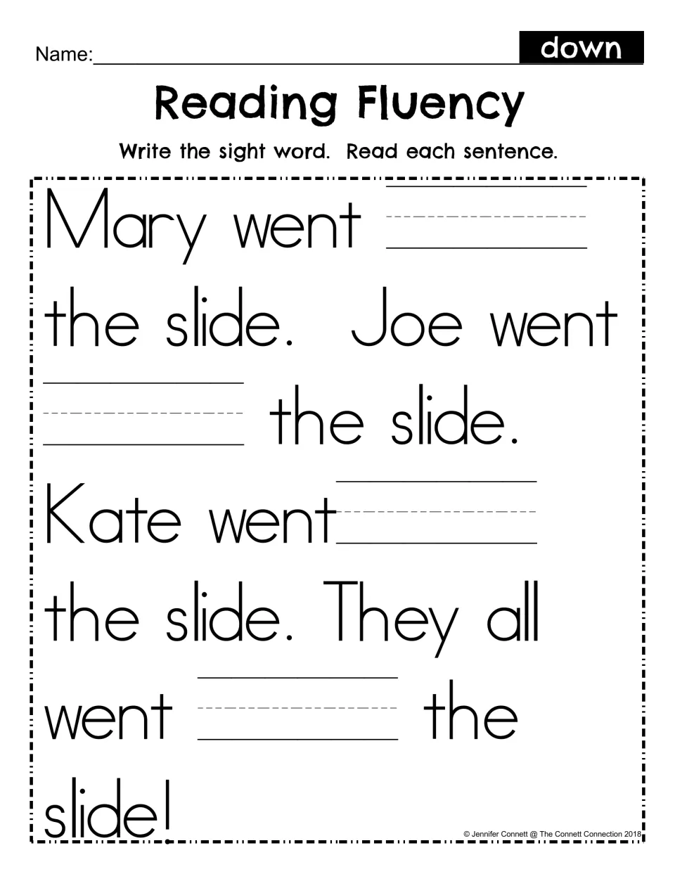 Fill-in-the-blank fluency: students write the sight word down in four blanks, then read the slide sentences