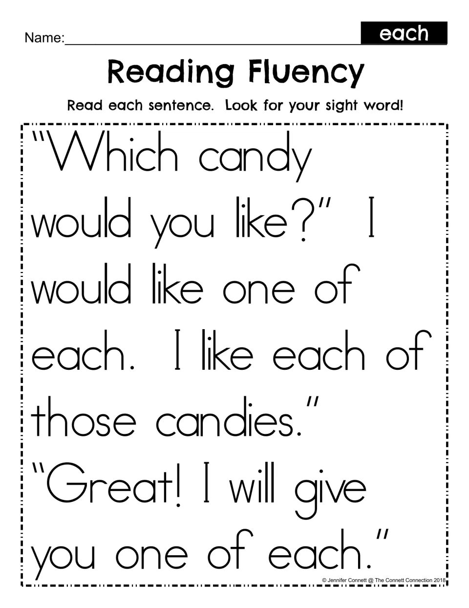 Sight word each reading fluency: students read a short candy dialogue and look for each, which appears three times