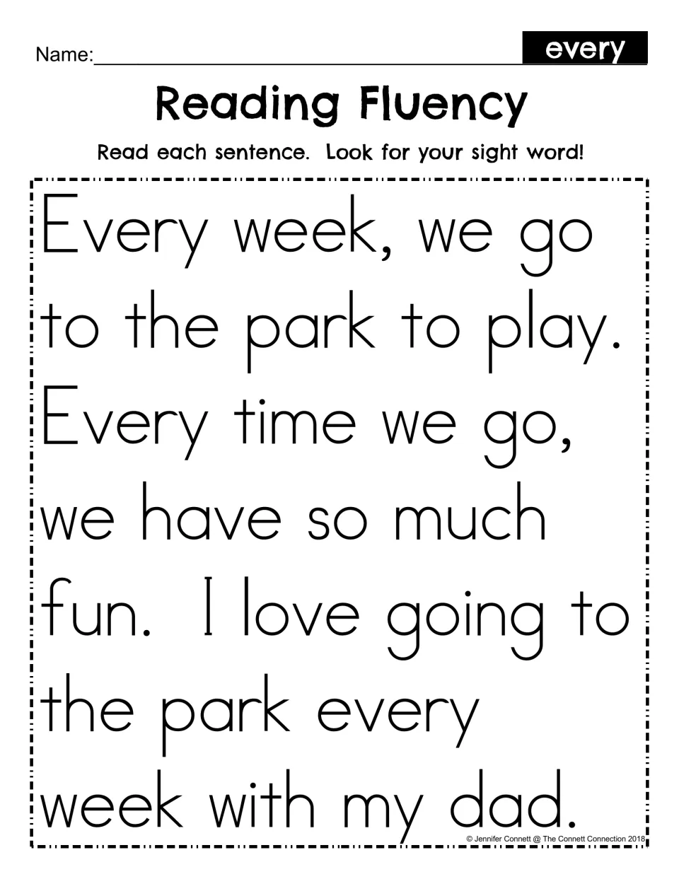 Reading Fluency for sight word every: students read a short story about weekly park trips with dad and spot each every