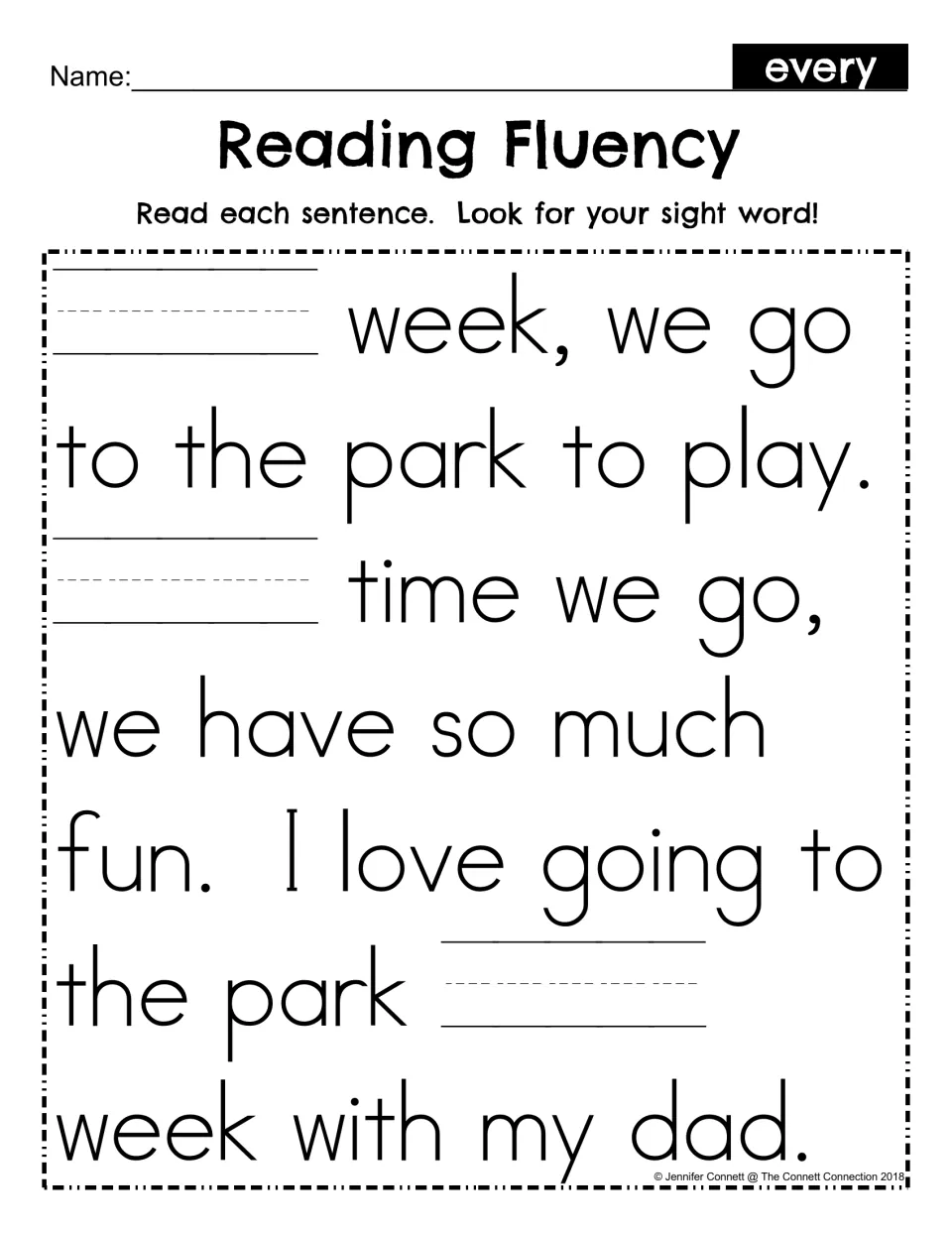 Reading Fluency fill-in: students write the sight word every in three blanks of the same park story, then read it aloud