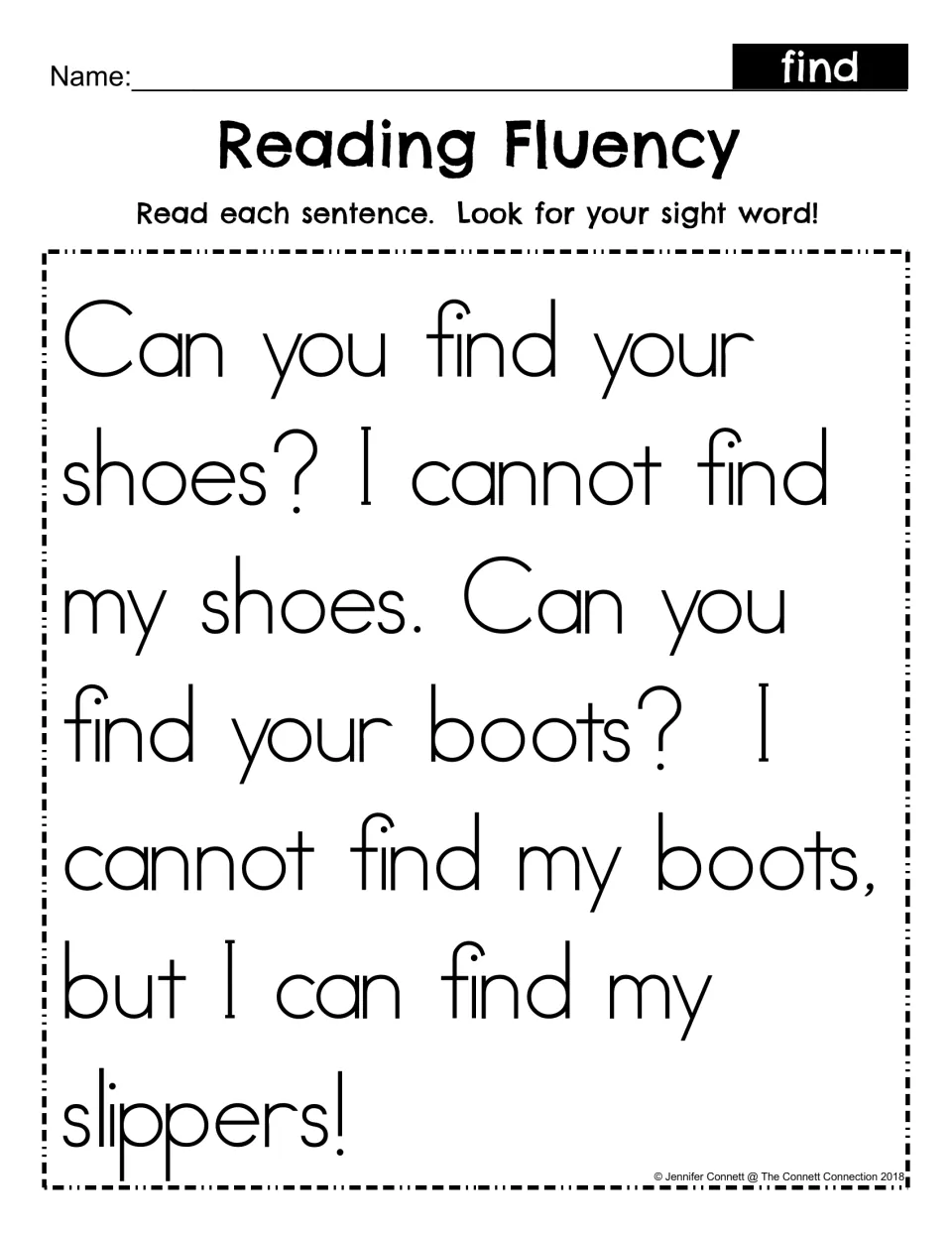 Reading fluency for sight word find: students read a short passage about finding shoes, boots and slippers