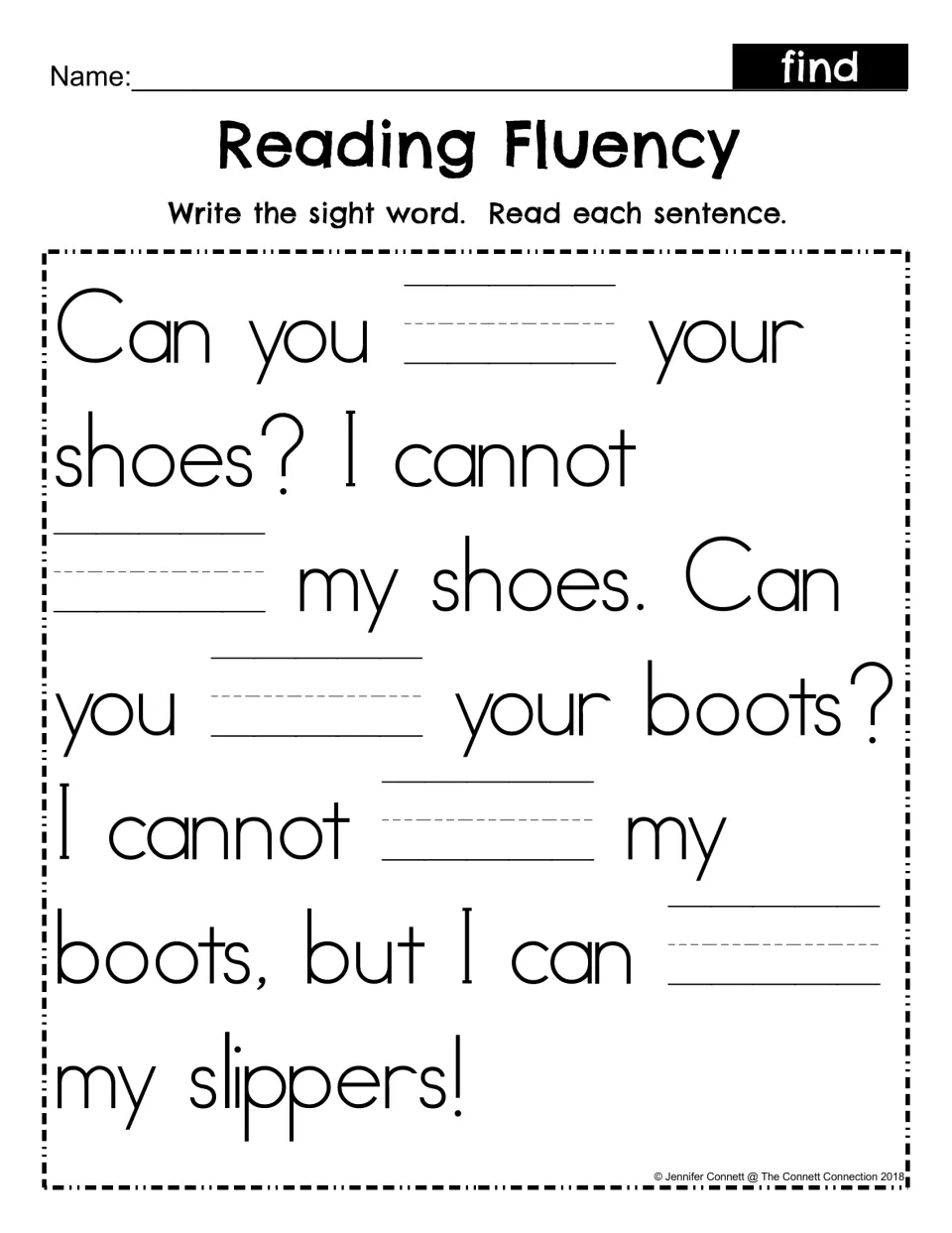 Sight word find fill-in: students write find in six blanks, then read the shoes, boots and slippers passage