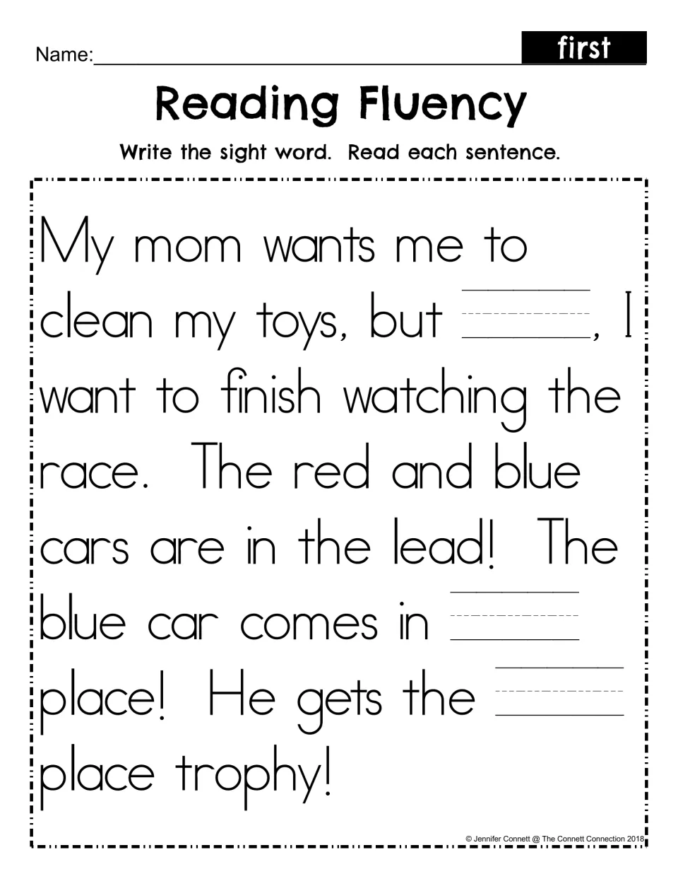 Reading Fluency fill-in: students write the sight word first in three blanks of the car race passage, then reread it