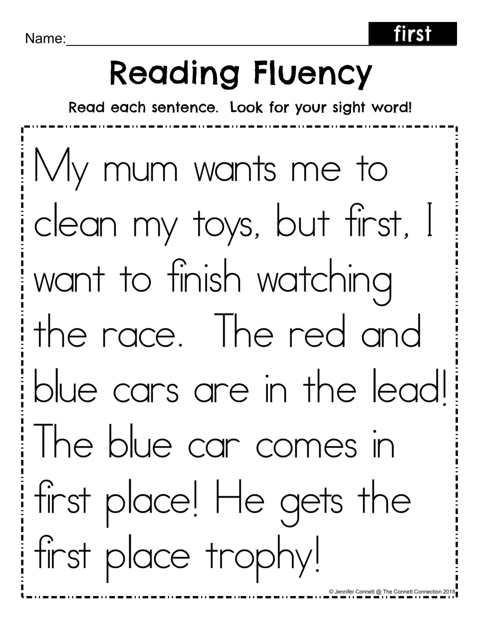 Reading Fluency, mum spelling: students read the car race passage starting My mum wants me to and find the sight word first
