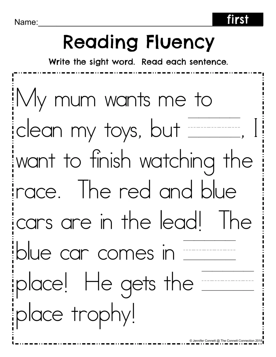 Reading Fluency fill-in, mum version: students write first in three blanks of the car race story, then read each sentence