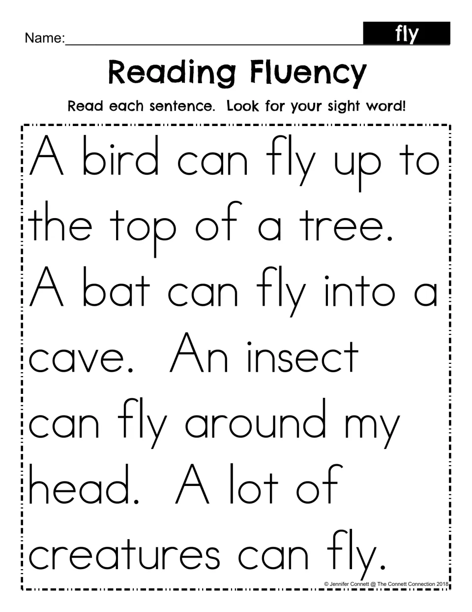 Reading fluency passage for sight word fly: students read sentences about a bird, bat and insect and find the word fly