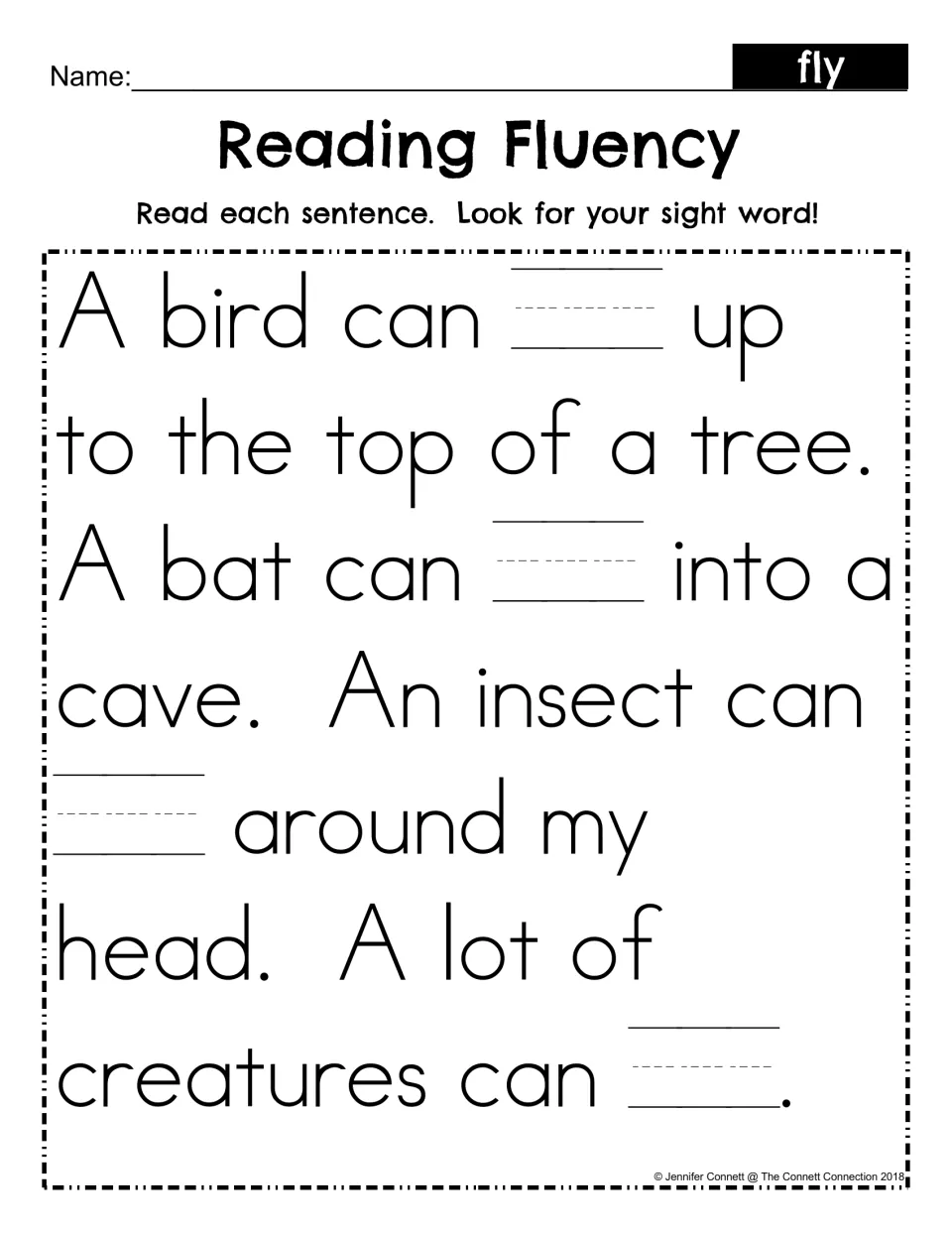 Fill-in fluency passage: students write the sight word fly in each blank, then read the bird, bat and insect sentences