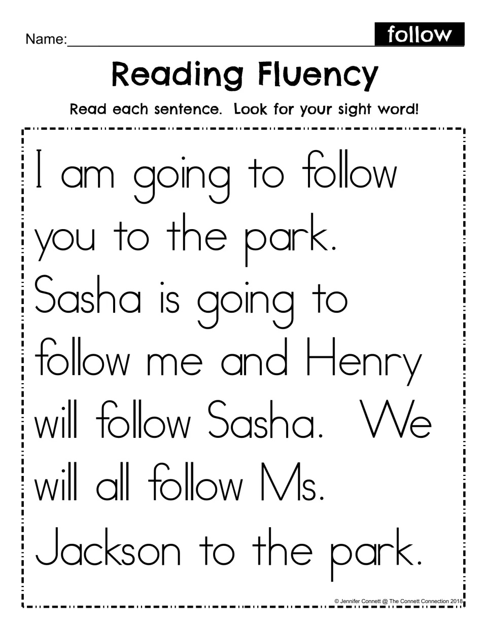 Reading Fluency for sight word follow: students read a short park story and look for follow in each sentence