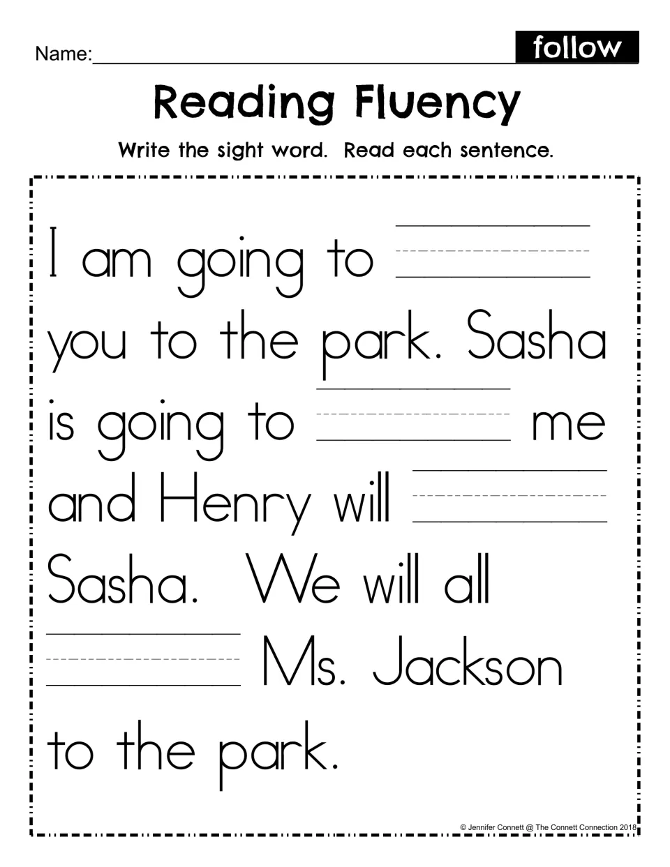 Reading Fluency fill-in: students write follow in four blanks in the park story, then read each sentence