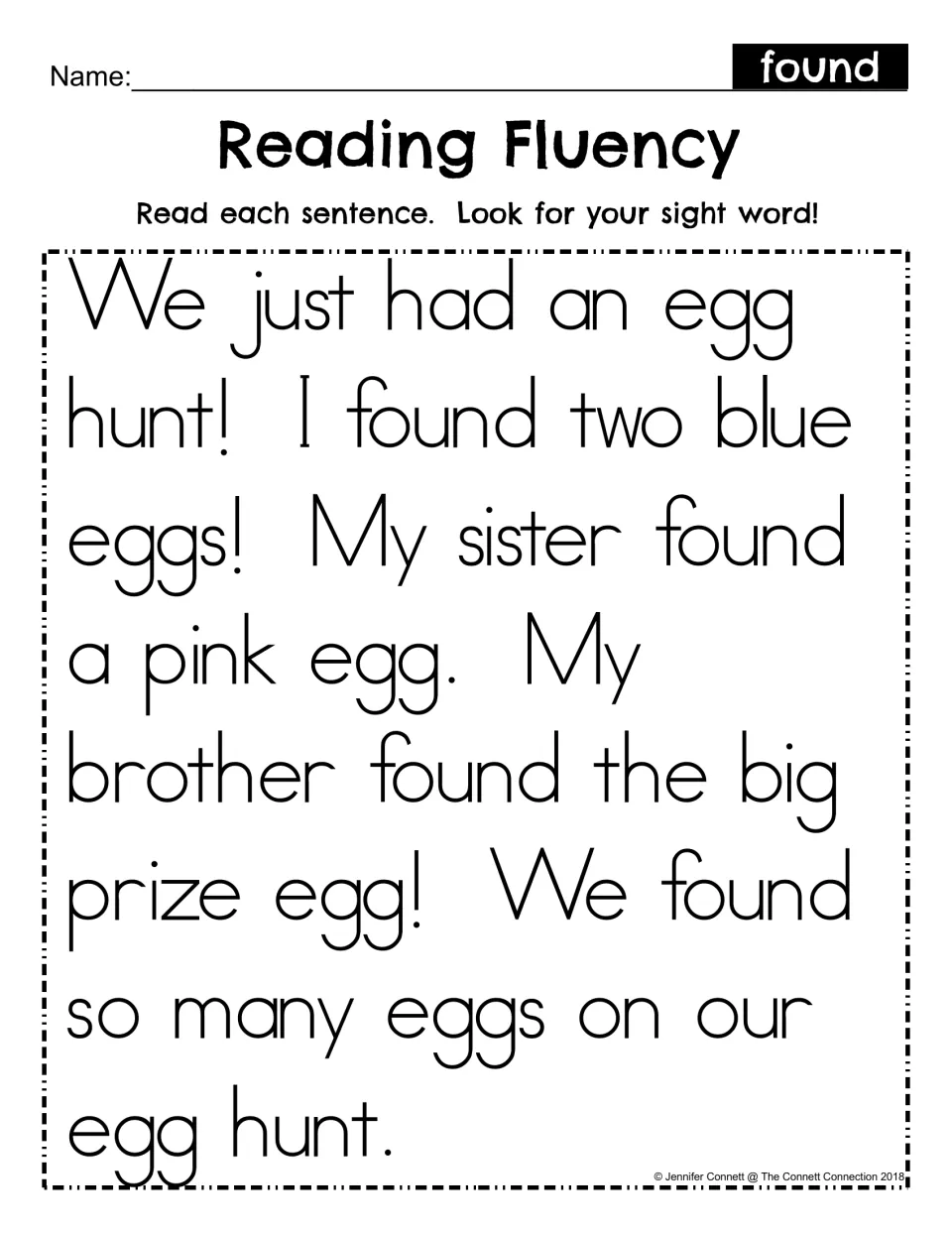 Reading fluency for sight word found: students read an egg hunt passage and look for found each time it appears