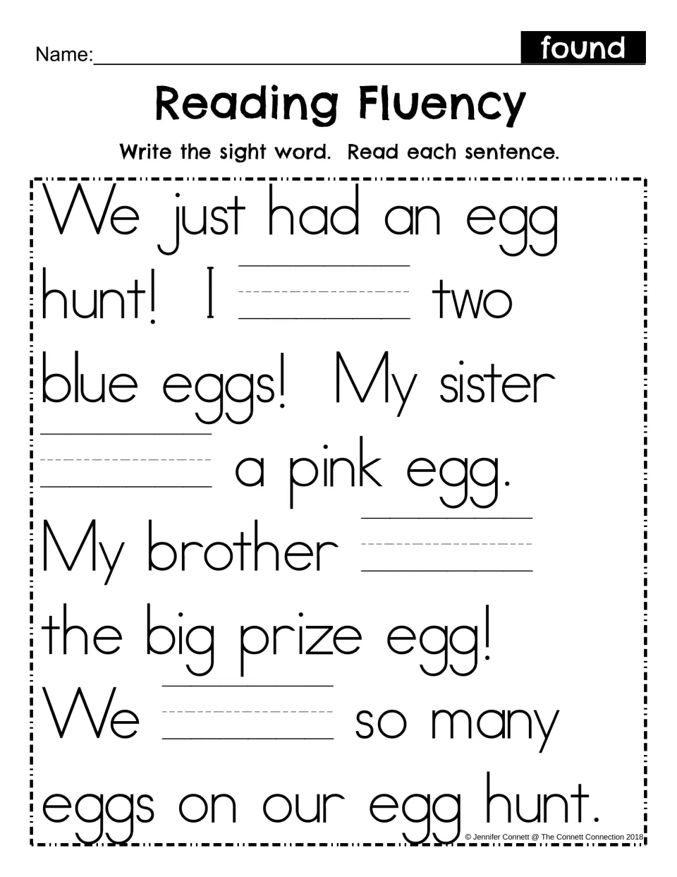 Sight word found fill-in: students write found in four blanks of the egg hunt passage, then read each sentence