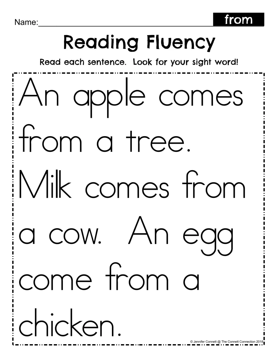 Reading Fluency for sight word from: students read sentences about where apples, milk and eggs come from and find the word