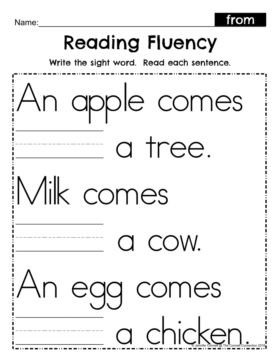 Sight word from fill-in: students write from in three sentences about a tree, a cow and a chicken, then read them