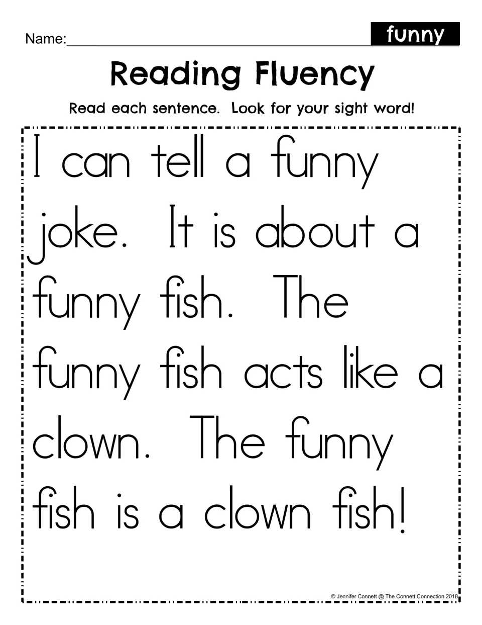 Sight word funny reading fluency: students read a short passage about a funny clown fish and look for the word funny