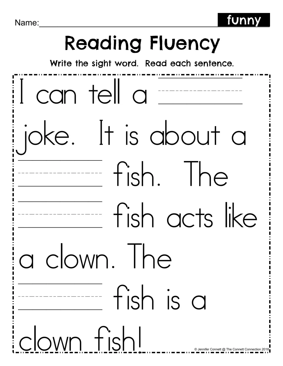 Sight word fill-in: students write funny in four blanks of the clown fish passage, then read each sentence