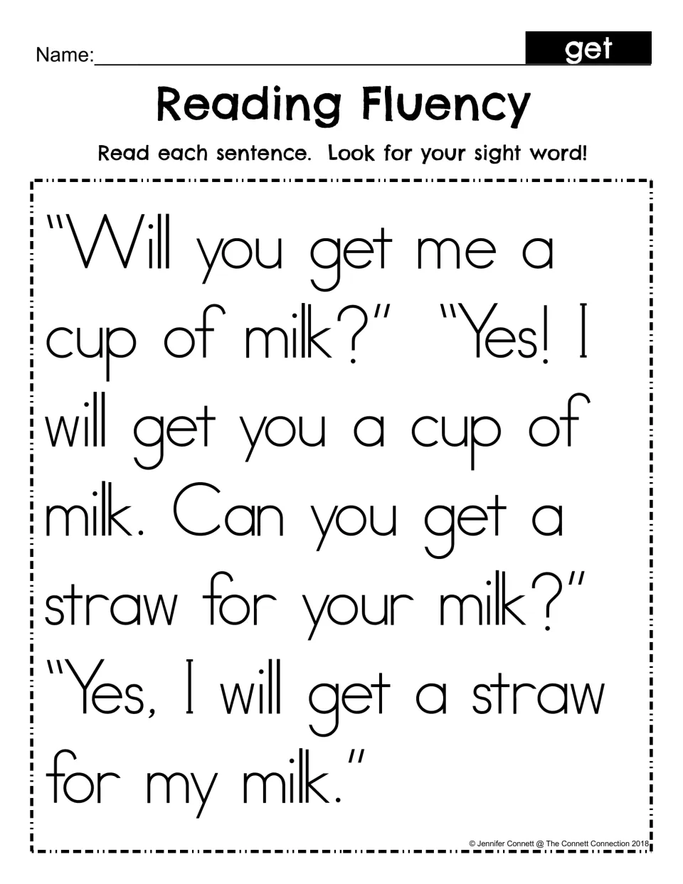 Reading fluency passage for “get”: a dialogue about getting a cup of milk and a straw, using “get” four times.