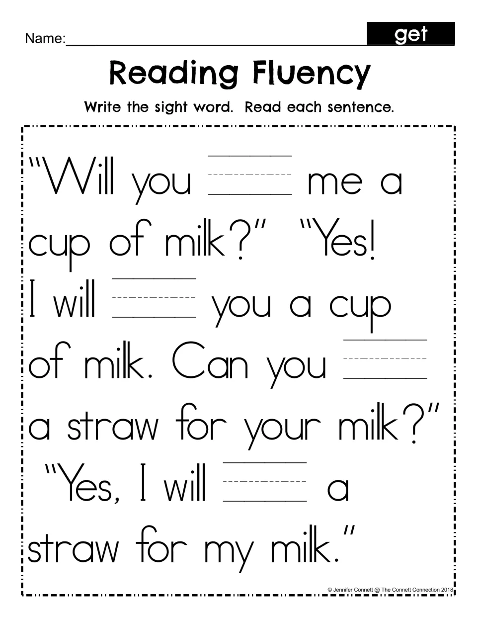 Write-and-read fluency practice: fill four blanks with “get” in the same dialogue about milk and a straw.