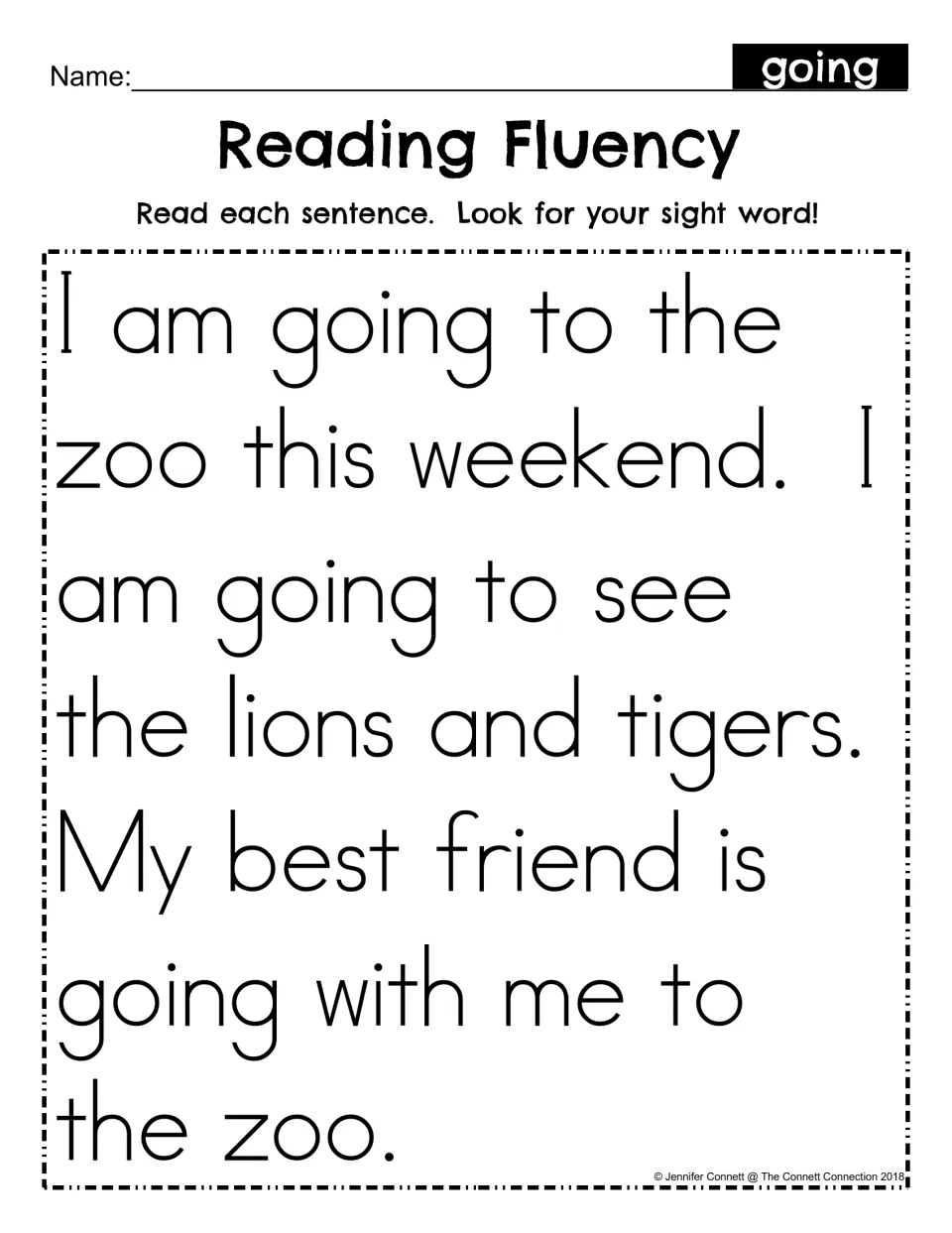 Sight word going reading fluency: students read a short zoo story about lions and tigers and look for each use of going