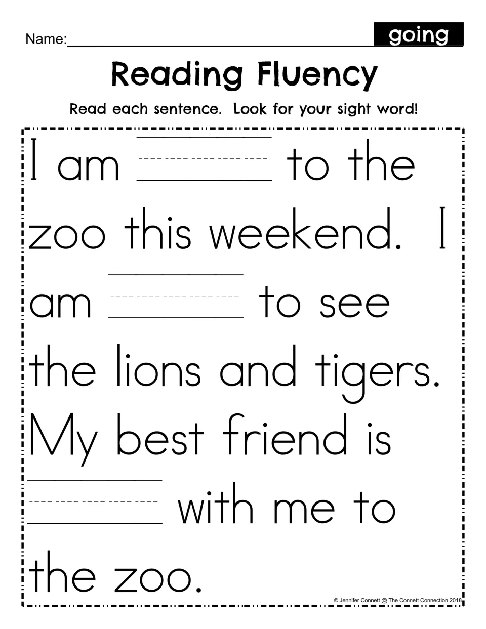 Sight word fill-in: students read the same zoo story and write going on three blank handwriting lines to complete it