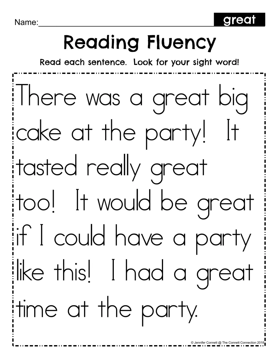 Reading Fluency for sight word great: students read a short party story and look for great, which appears four times