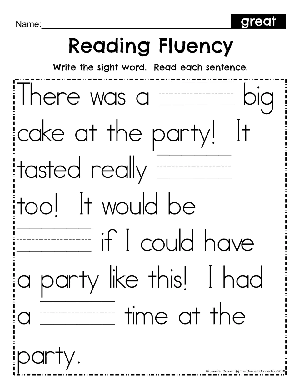 Reading Fluency fill-in: students write great in four blanks in the same party story, then read each sentence