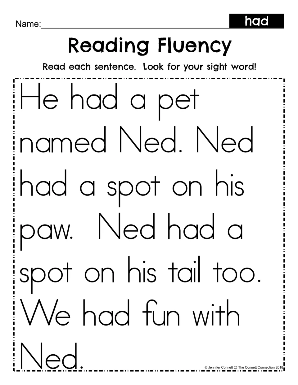Reading Fluency for the sight word had: students read a short story about a pet named Ned and look for had in each sentence