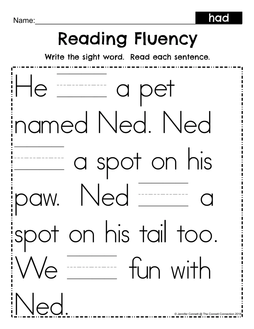 Reading Fluency fill-in: students write the sight word had in four blanks of the Ned pet story, then read each sentence