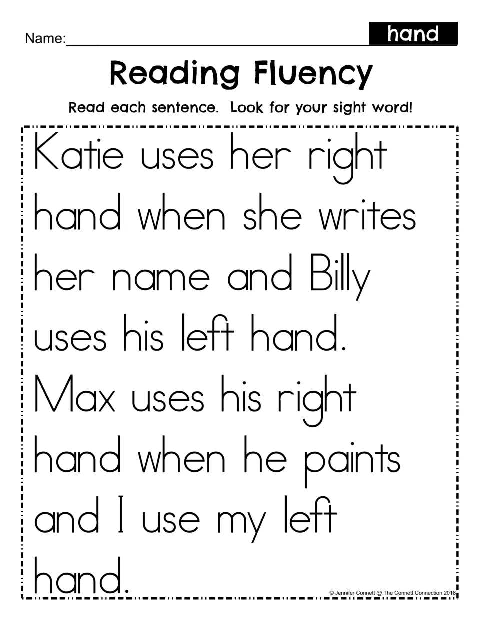 Reading Fluency for sight word hand: students read two sentences about right and left hands and find the word