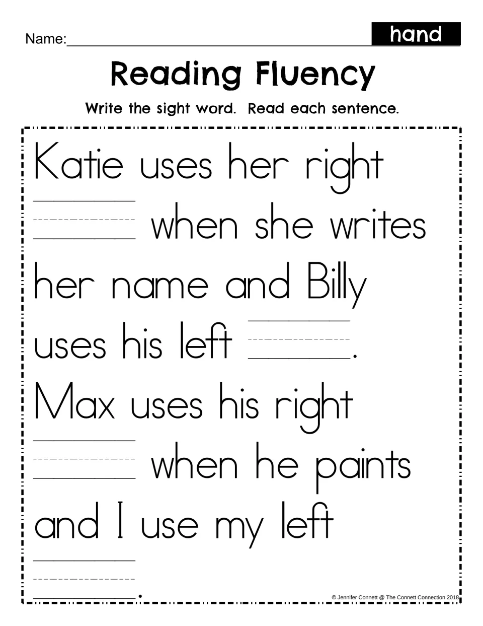 Reading Fluency fill-in: students write the sight word hand in four blanks, then read the right and left hand sentences