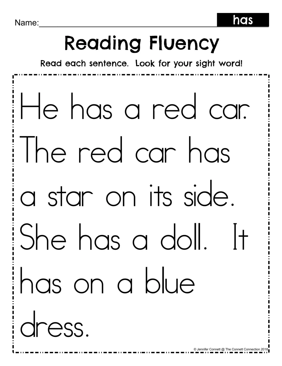 Reading fluency for the sight word has: students read sentences about a red car with a star and a doll in a blue dress