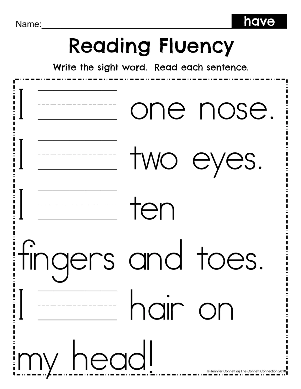 Sight word have fill-in: students write have in the blank of four sentences about their body, then read each sentence