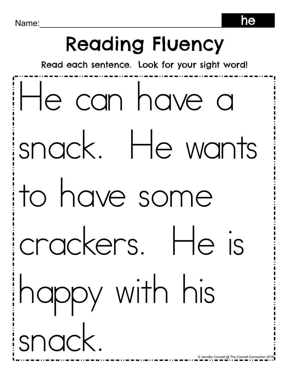 Reading Fluency for sight word he: students read a short passage about a snack and crackers and look for the word he