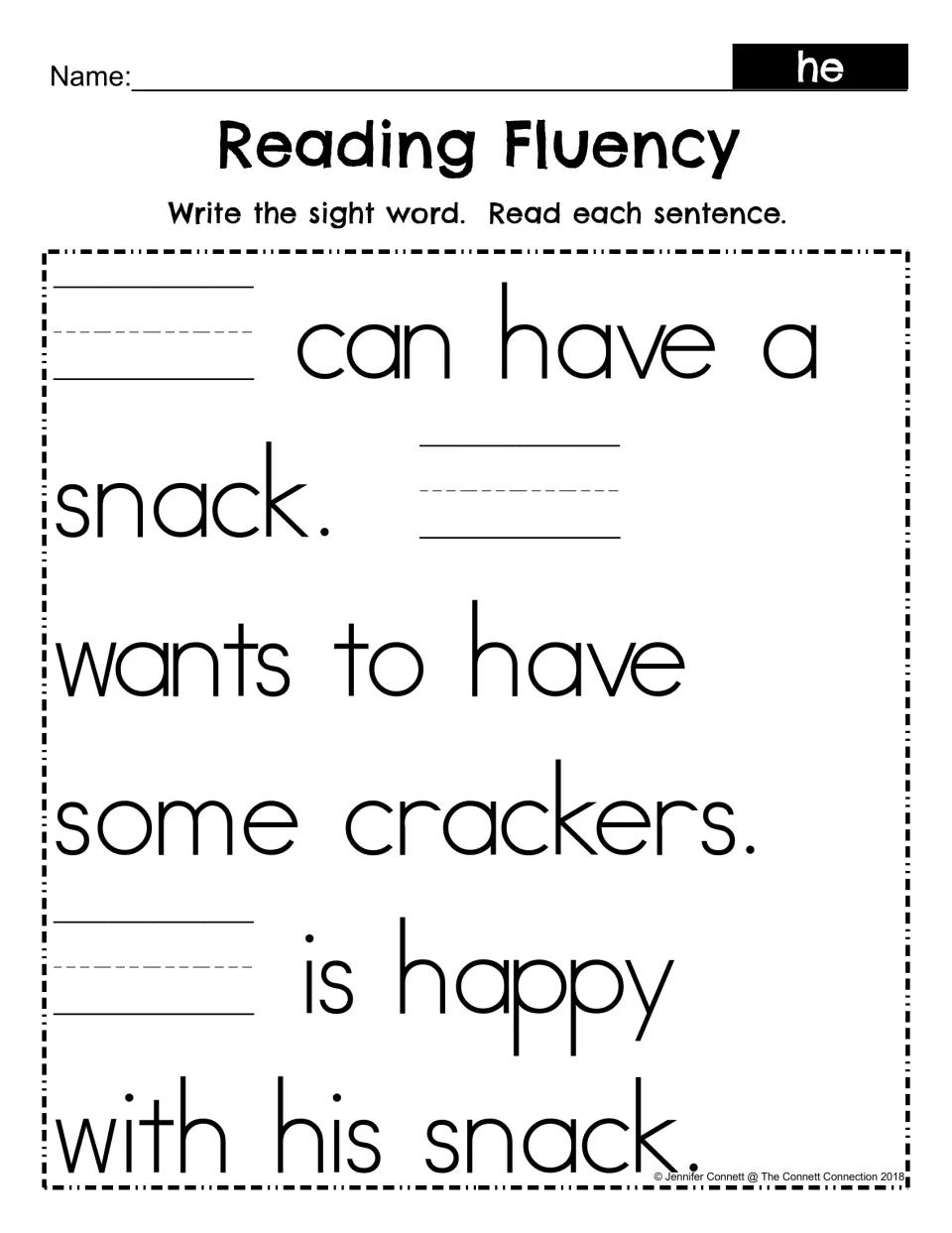 Reading Fluency fill-in: students write he in three blanks to complete the snack passage, then read each sentence